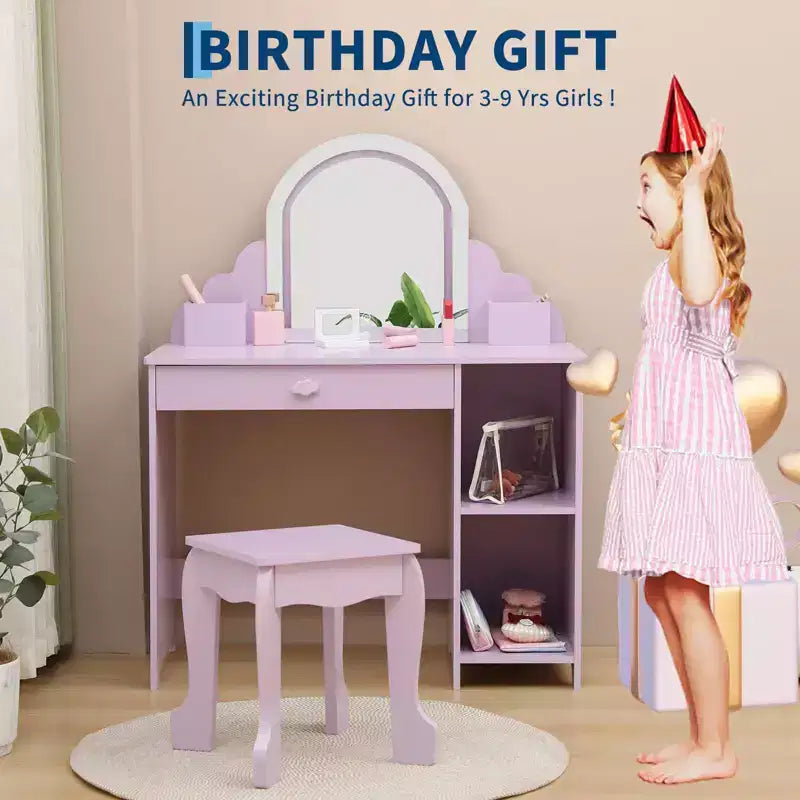 Set toeletta e sgabello per bambini con specchio illuminato, colori rosa/viola/bianco – Per 1 bambino, età 3+