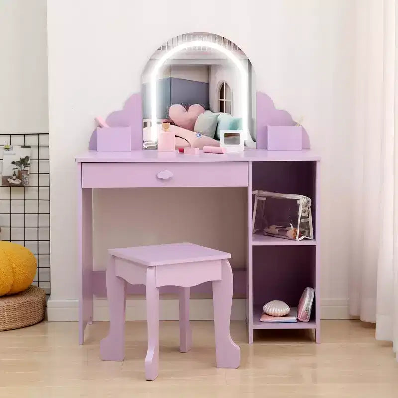 Set toeletta e sgabello per bambini con specchio illuminato, colori rosa/viola/bianco – Per 1 bambino, età 3+