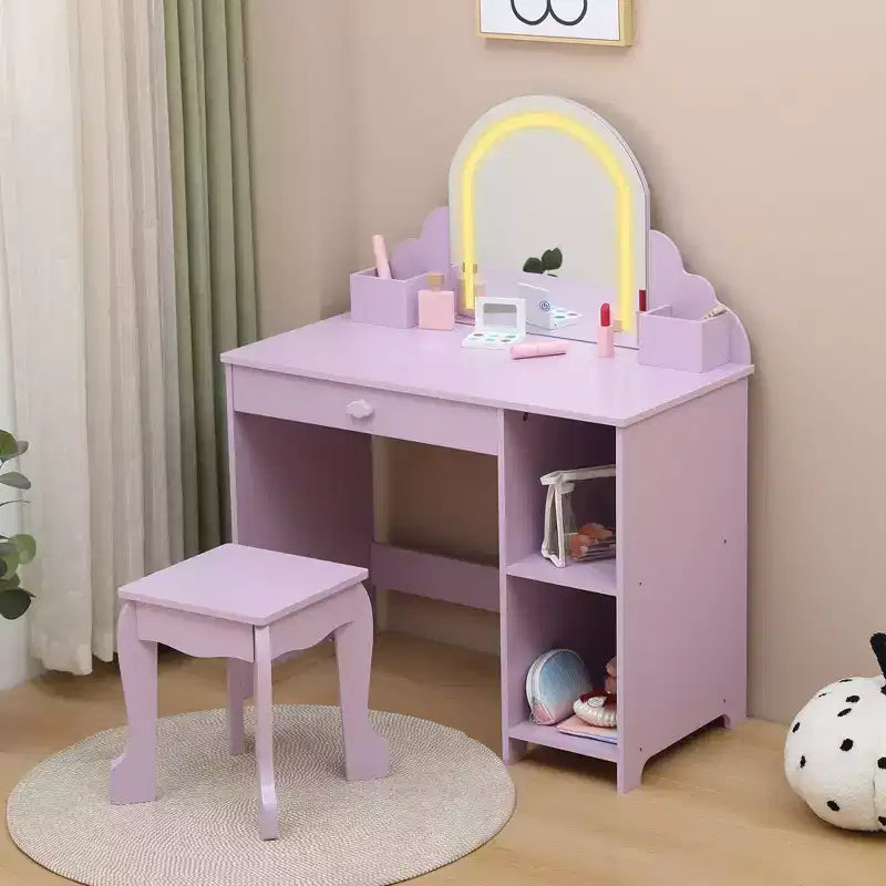 Set toeletta e sgabello per bambini con specchio illuminato, colori rosa/viola/bianco – Per 1 bambino, età 3+
