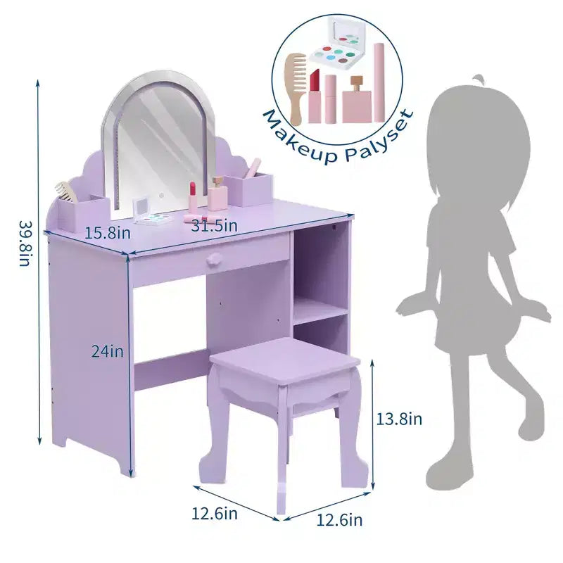 Set toeletta e sgabello per bambini con specchio illuminato, colori rosa/viola/bianco – Per 1 bambino, età 3+