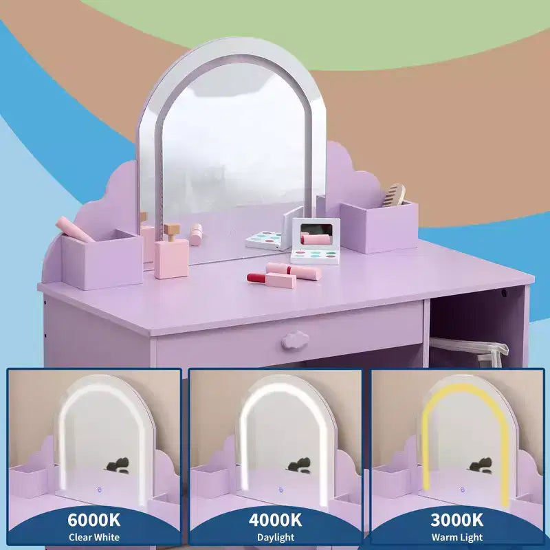 Set toeletta e sgabello per bambini con specchio illuminato, colori rosa/viola/bianco – Per 1 bambino, età 3+