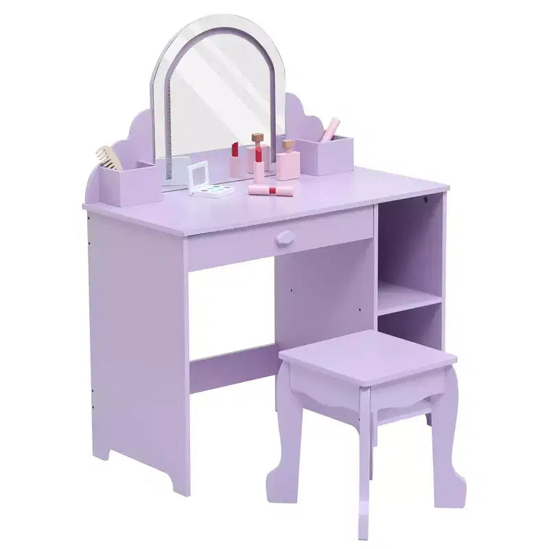 Set toeletta e sgabello per bambini con specchio illuminato, colori rosa/viola/bianco – Per 1 bambino, età 3+