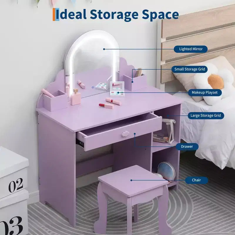 Set toeletta e sgabello per bambini con specchio illuminato, colori rosa/viola/bianco – Per 1 bambino, età 3+