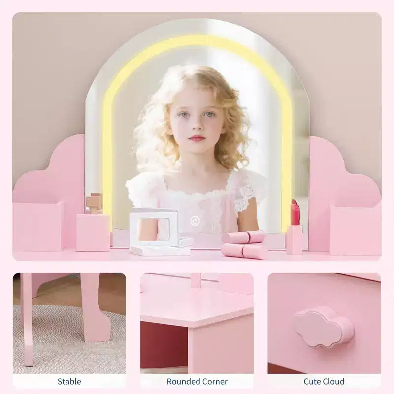Set toeletta e sgabello per bambini con specchio illuminato, colori rosa/viola/bianco – Per 1 bambino, età 3+