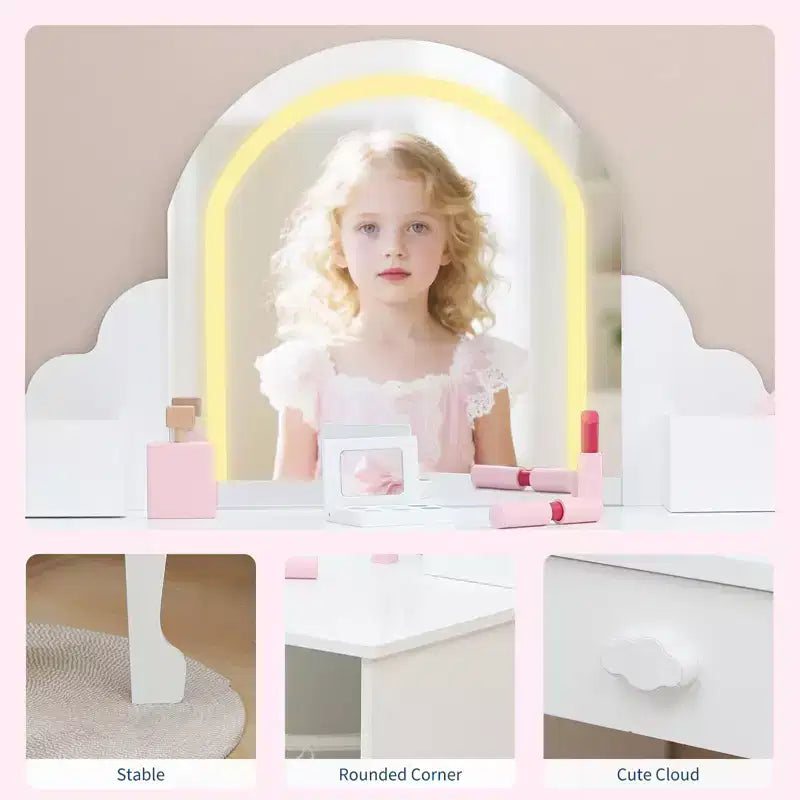 Set toeletta e sgabello per bambini con specchio illuminato, colori rosa/viola/bianco – Per 1 bambino, età 3+