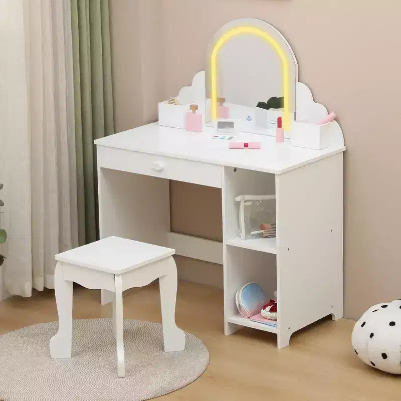 Set toeletta e sgabello per bambini con specchio illuminato, colori rosa/viola/bianco – Per 1 bambino, età 3+