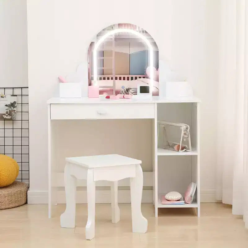Set toeletta e sgabello per bambini con specchio illuminato, colori rosa/viola/bianco – Per 1 bambino, età 3+