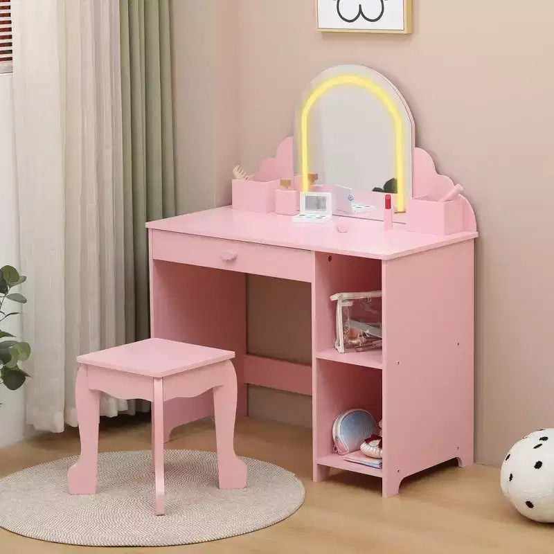 Set toeletta e sgabello per bambini con specchio illuminato, colori rosa/viola/bianco – Per 1 bambino, età 3+