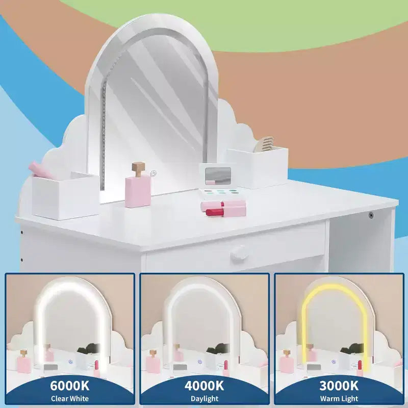Set toeletta e sgabello per bambini con specchio illuminato, colori rosa/viola/bianco – Per 1 bambino, età 3+