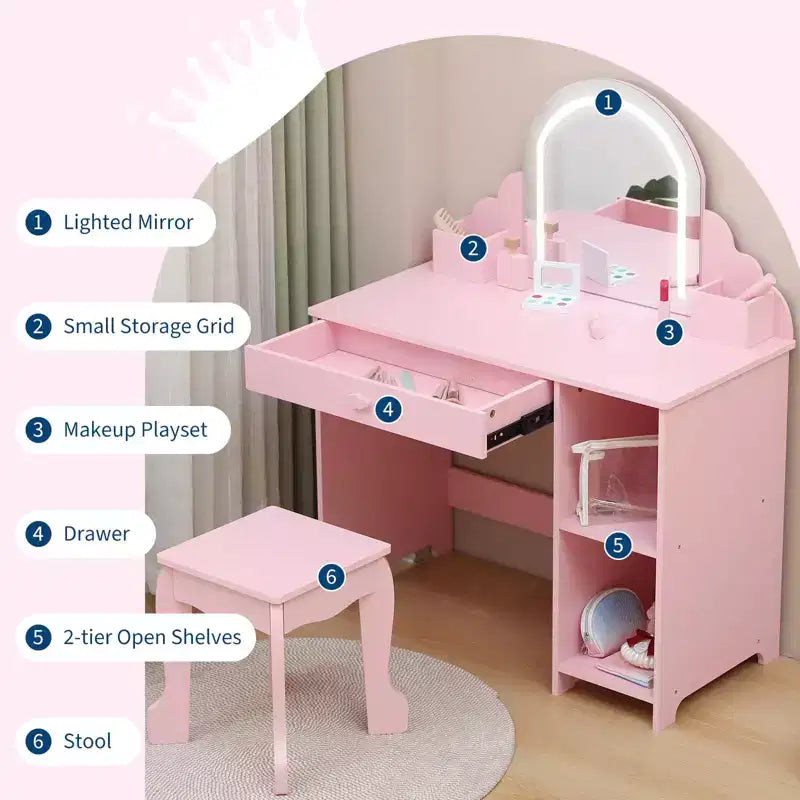 Set toeletta e sgabello per bambini con specchio illuminato, colori rosa/viola/bianco – Per 1 bambino, età 3+