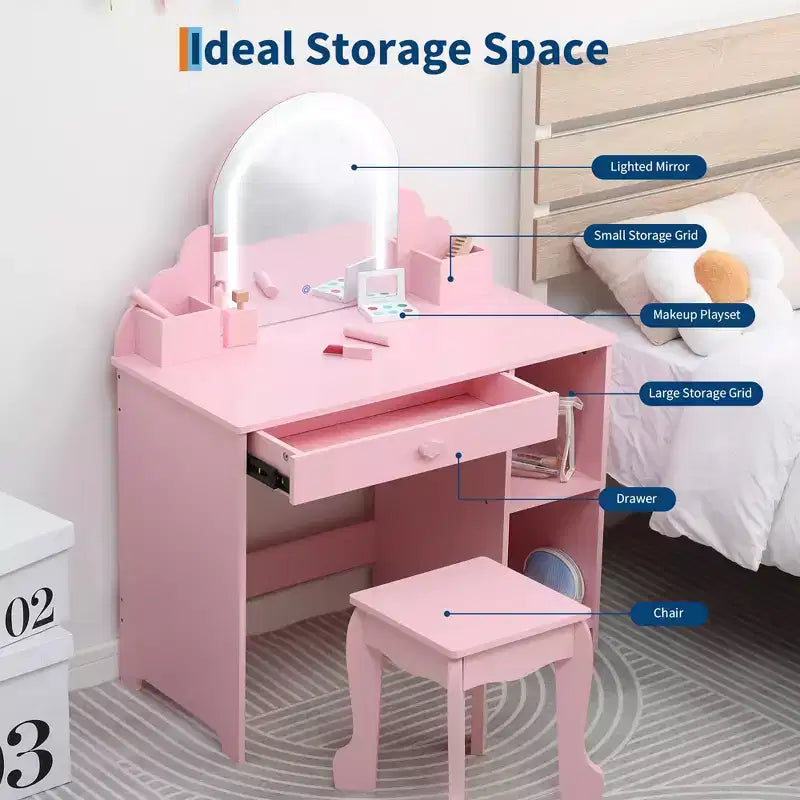 Set toeletta e sgabello per bambini con specchio illuminato, colori rosa/viola/bianco – Per 1 bambino, età 3+