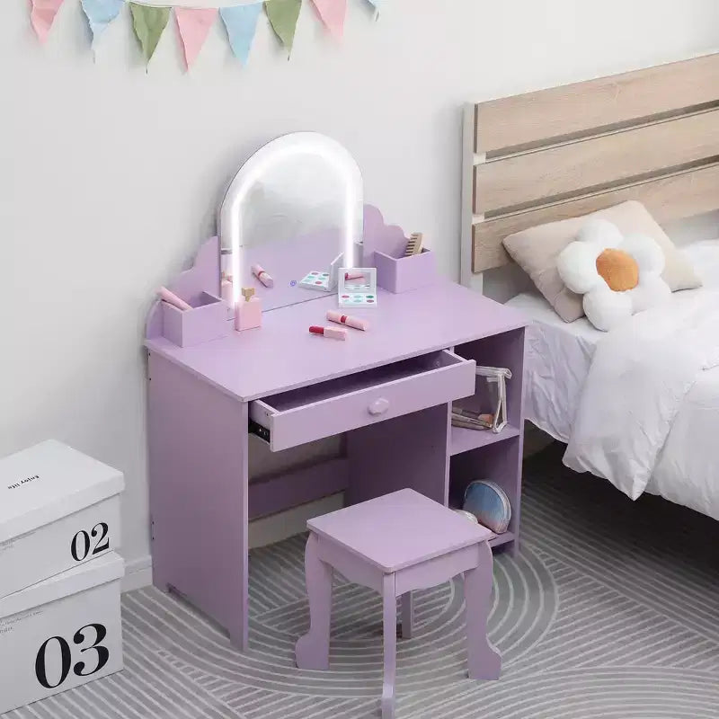 Set toeletta e sgabello per bambini con specchio illuminato, colori rosa/viola/bianco – Per 1 bambino, età 3+