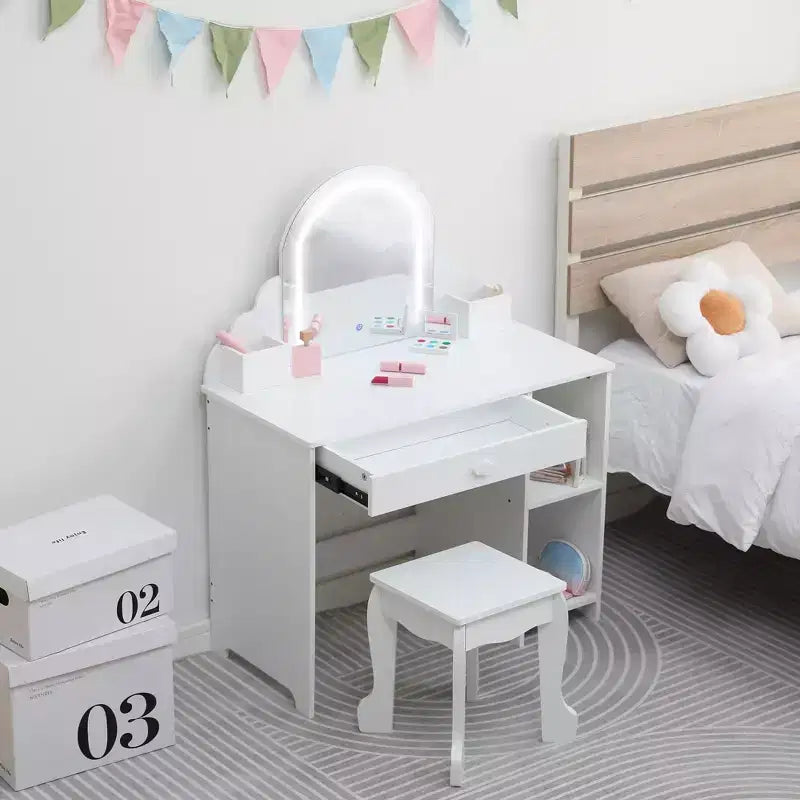 Set toeletta e sgabello per bambini con specchio illuminato, colori rosa/viola/bianco – Per 1 bambino, età 3+