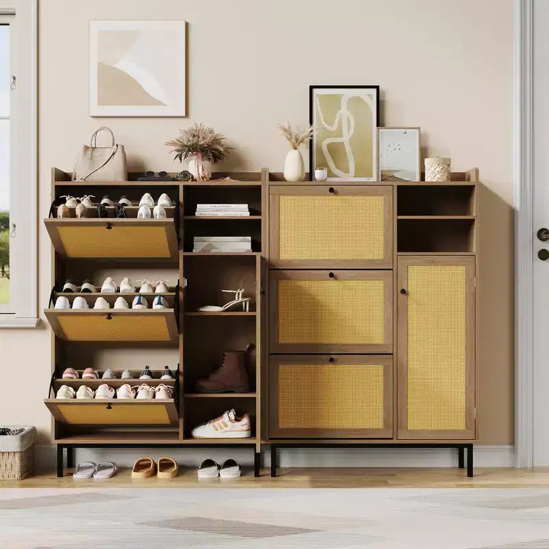 Scarpiera in Rattan Naturale e Legno, 3 Cassetti a Ribalta, Montaggio per 1 Persona, Beige/Marrone