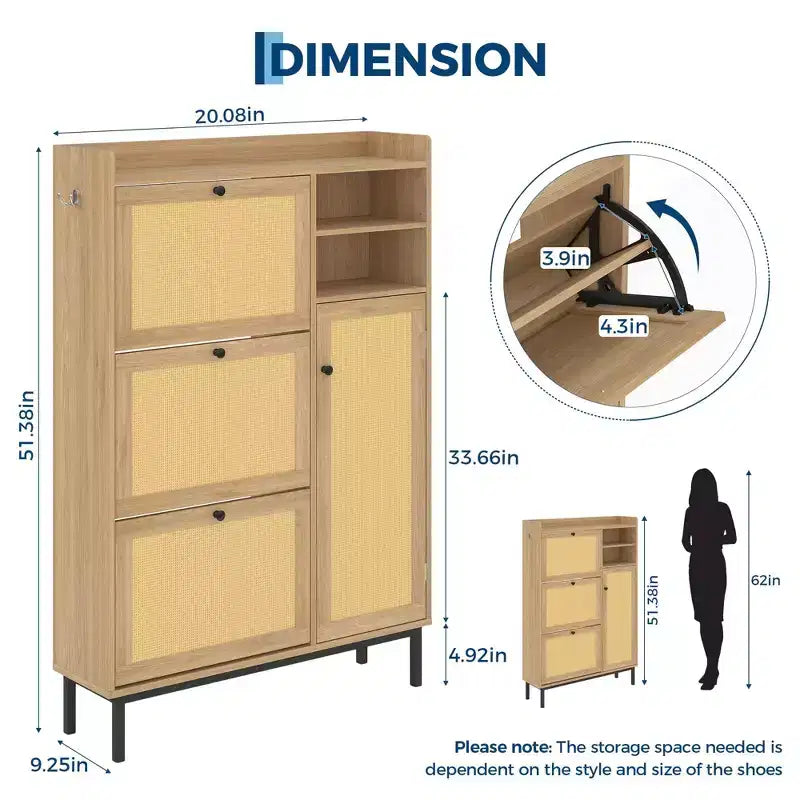 Scarpiera in Rattan Naturale e Legno, 3 Cassetti a Ribalta, Montaggio per 1 Persona, Beige/Marrone