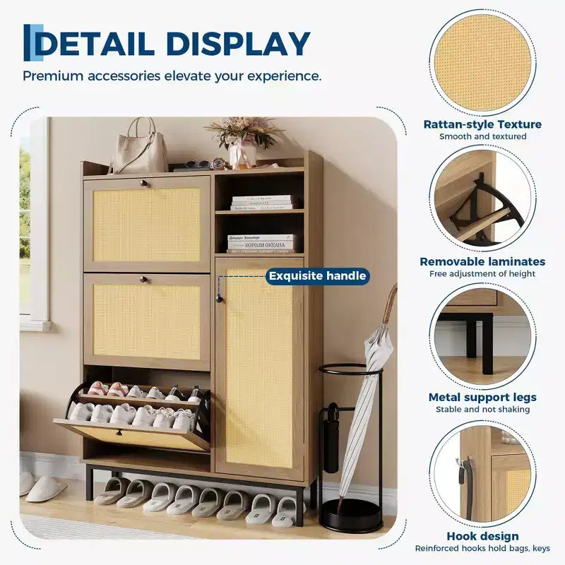 Scarpiera in Rattan Naturale e Legno, 3 Cassetti a Ribalta, Montaggio per 1 Persona, Beige/Marrone