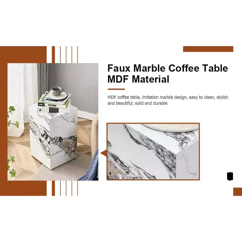 Tavolino d'appoggio in MDF effetto marmo bianco, base a piedistallo, montaggio da 1 persona