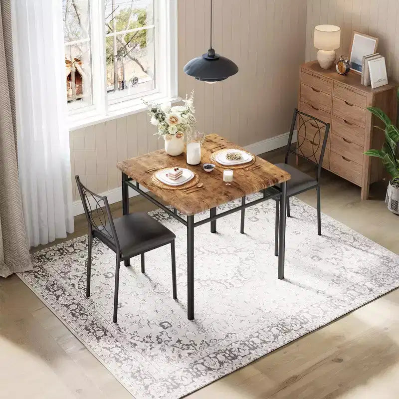 Set tavolo da pranzo quadrato per 2 persone, marrone/grigio/noce, 3 pezzi con sedie imbottite