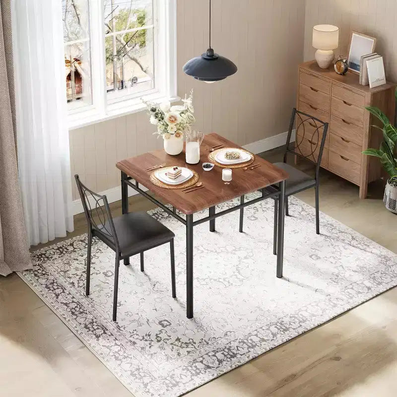 Set tavolo da pranzo quadrato per 2 persone, marrone/grigio/noce, 3 pezzi con sedie imbottite