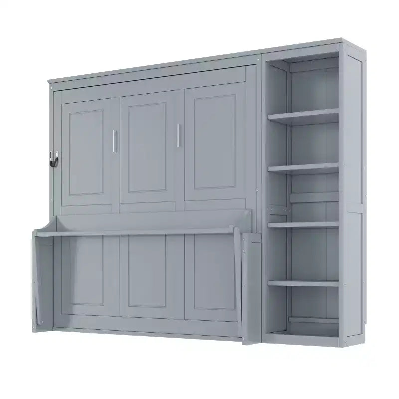 Letto a scomparsa Queen Size con scrivania e libreria, legno naturale — 1–2 utenti