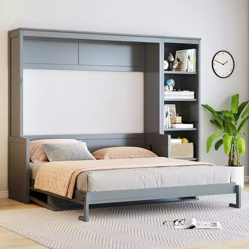 Letto a scomparsa Queen Size con scrivania e libreria, legno naturale — 1–2 utenti