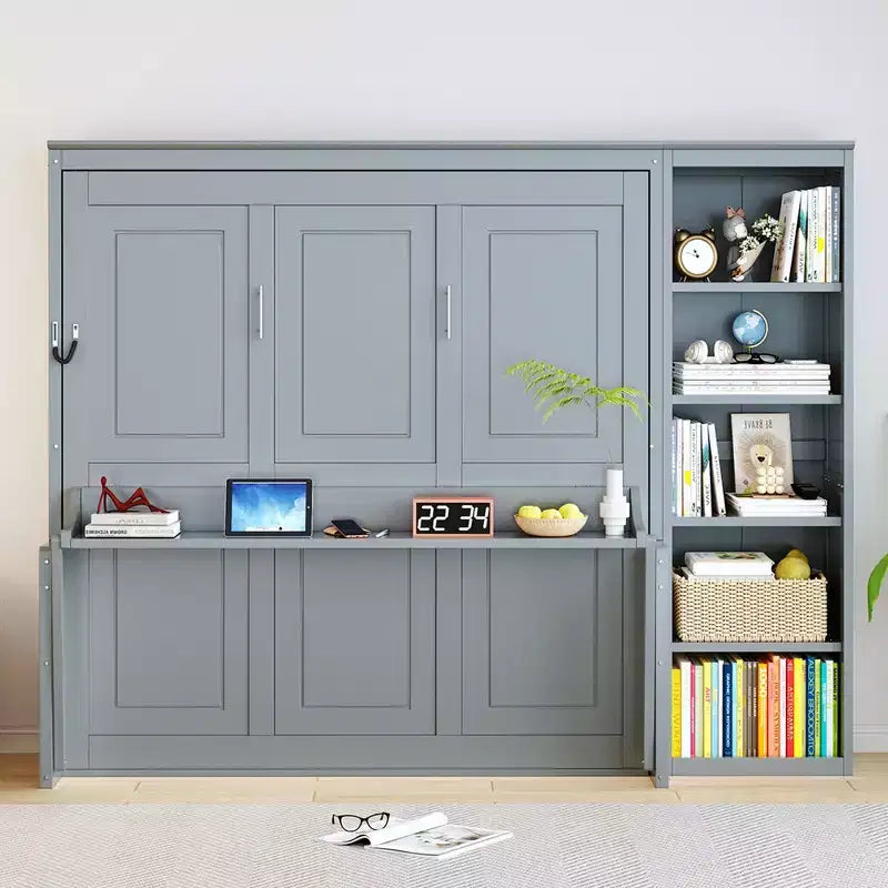 Letto a scomparsa Queen Size con scrivania e libreria, legno naturale — 1–2 utenti