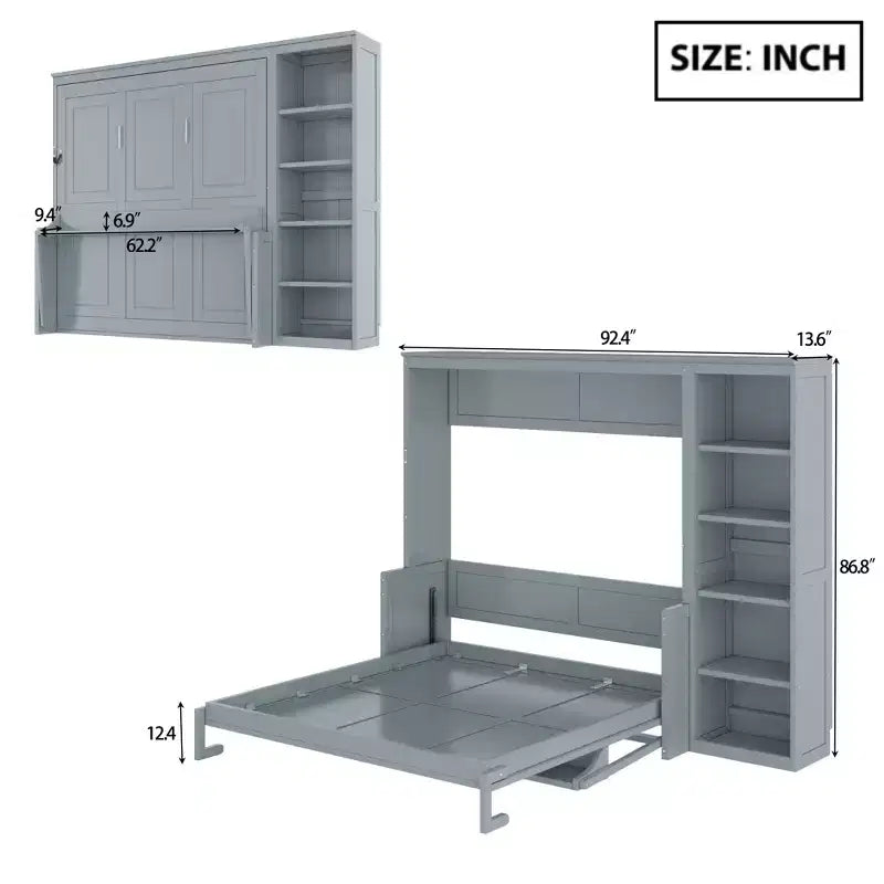 Letto a scomparsa Queen Size con scrivania e libreria, legno naturale — 1–2 utenti