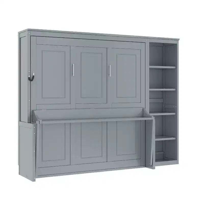 Letto a scomparsa Queen Size con scrivania e libreria, legno naturale — 1–2 utenti