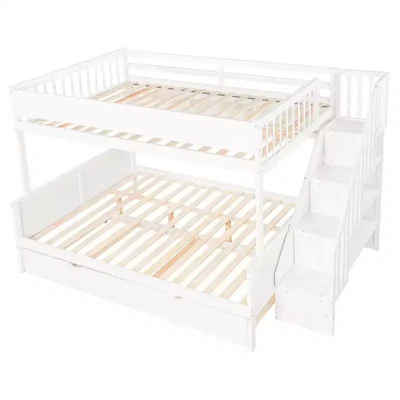 Letto a castello Full XL/Queen con letto estraibile e scala contenitore, Noce/Bianco – 3 posti letto