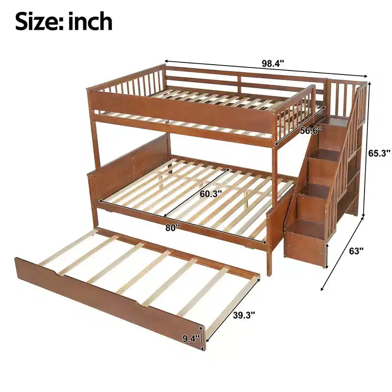 Letto a castello Full XL/Queen con letto estraibile e scala contenitore, Noce/Bianco – 3 posti letto