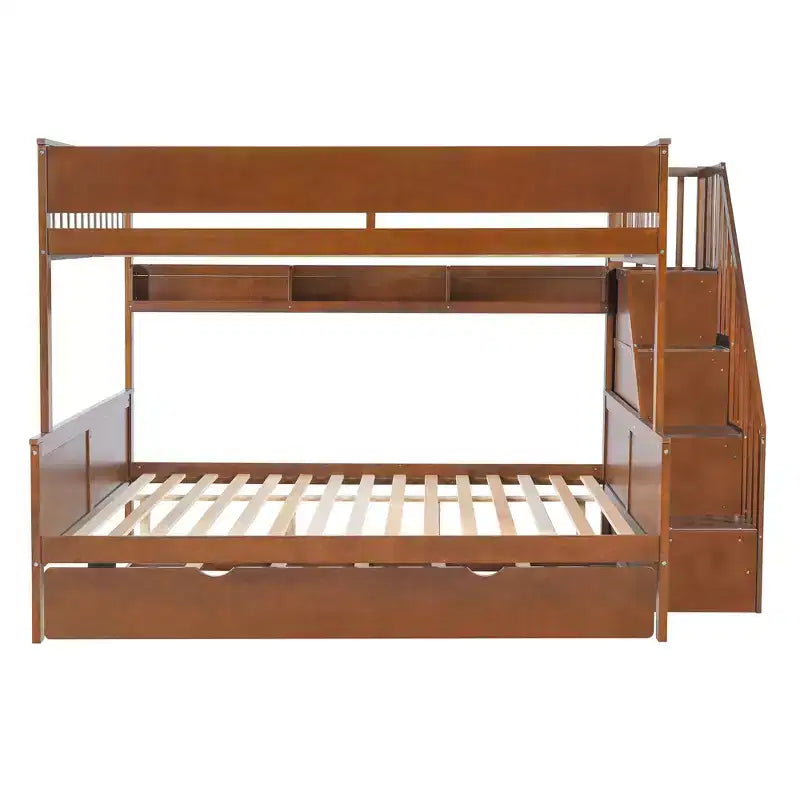 Letto a castello Full XL/Queen con letto estraibile e scala contenitore, Noce/Bianco – 3 posti letto