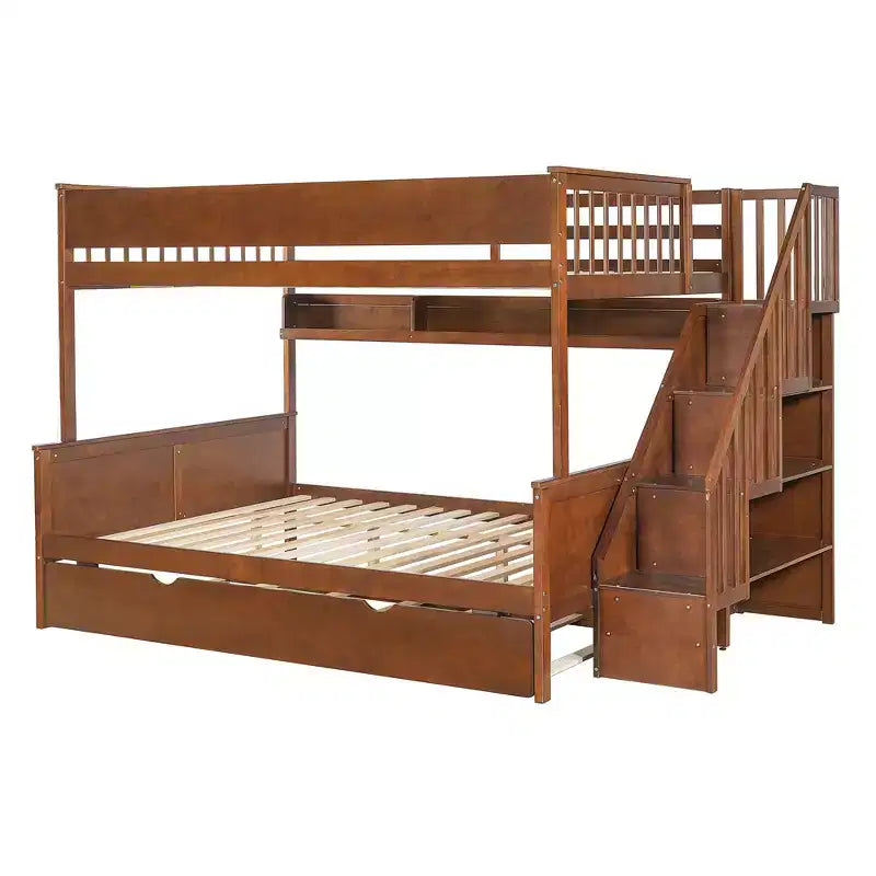 Letto a castello Full XL/Queen con letto estraibile e scala contenitore, Noce/Bianco – 3 posti letto