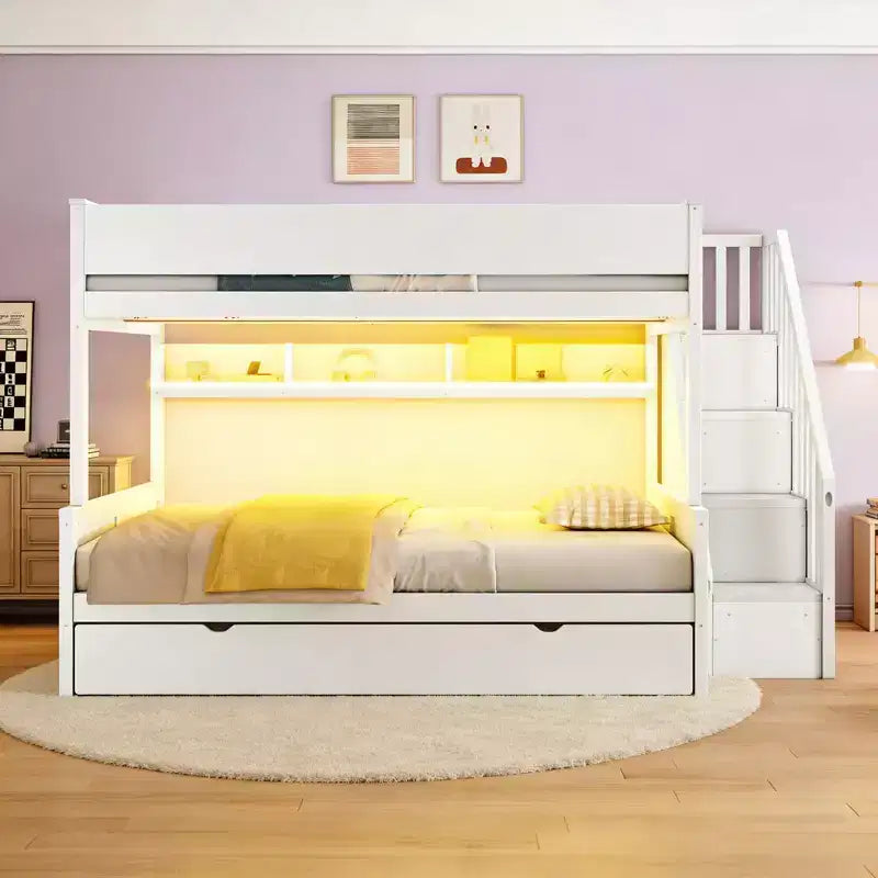 Letto a castello Full XL/Queen con letto estraibile e scala contenitore, Noce/Bianco – 3 posti letto