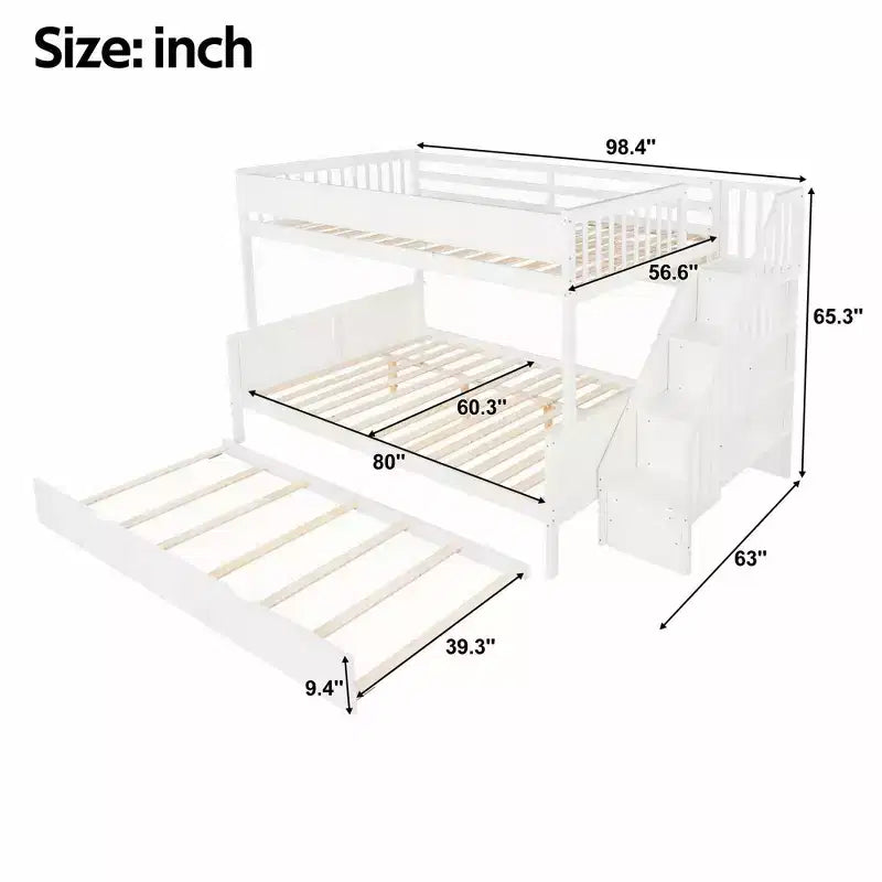 Letto a castello Full XL/Queen con letto estraibile e scala contenitore, Noce/Bianco – 3 posti letto