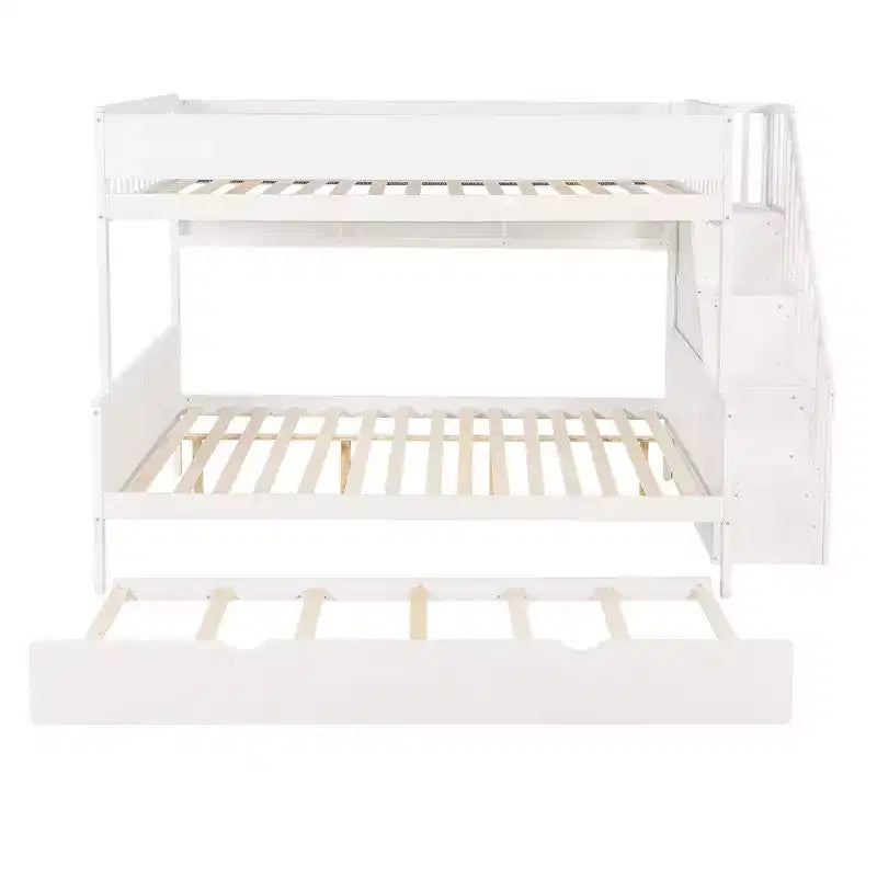 Letto a castello Full XL/Queen con letto estraibile e scala contenitore, Noce/Bianco – 3 posti letto