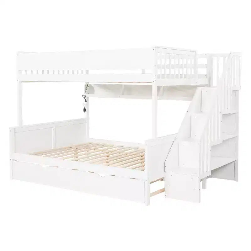 Letto a castello Full XL/Queen con letto estraibile e scala contenitore, Noce/Bianco – 3 posti letto