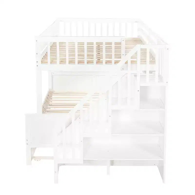 Letto a castello Full XL/Queen con letto estraibile e scala contenitore, Noce/Bianco – 3 posti letto