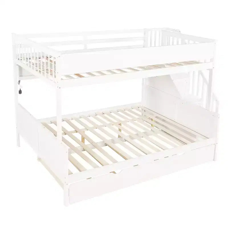 Letto a castello Full XL/Queen con letto estraibile e scala contenitore, Noce/Bianco – 3 posti letto