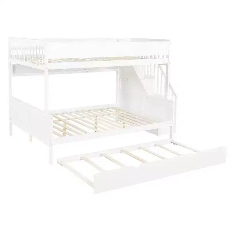 Letto a castello Full XL/Queen con letto estraibile e scala contenitore, Noce/Bianco – 3 posti letto