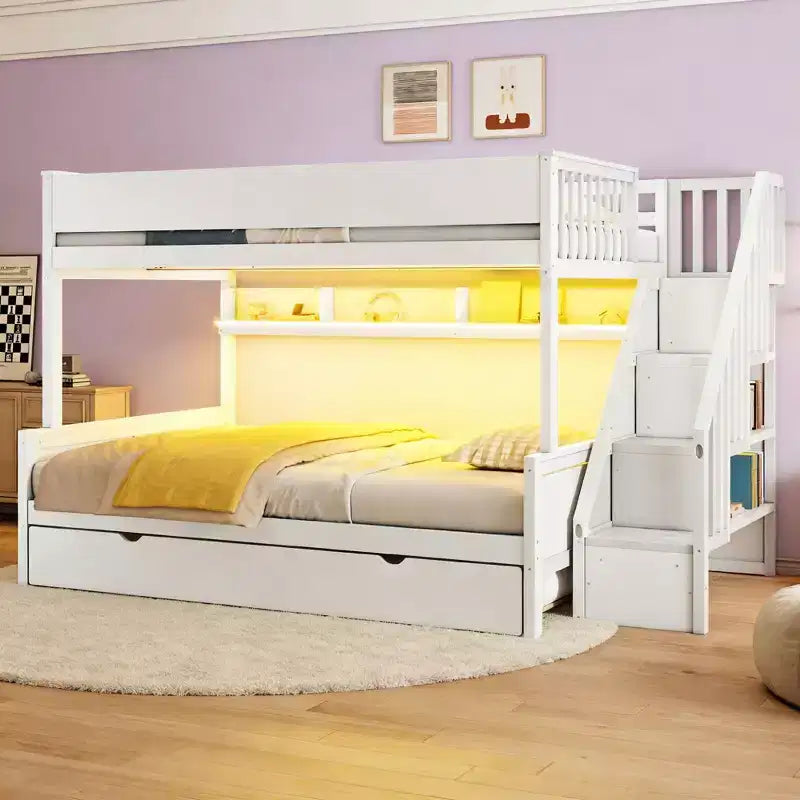 Letto a castello Full XL/Queen con letto estraibile e scala contenitore, Noce/Bianco – 3 posti letto