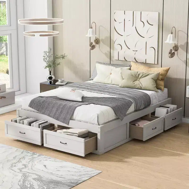 Letto a piattaforma matrimoniale in legno con 6 cassetti, naturale – Per 1-2 persone