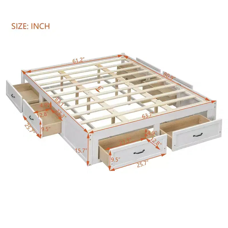 Letto a piattaforma matrimoniale in legno con 6 cassetti, naturale – Per 1-2 persone