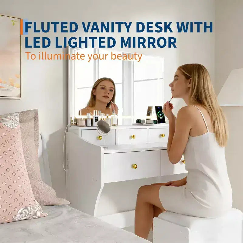 Set da toeletta con specchio illuminato e sgabello – Nero/Bianco, 1 persona