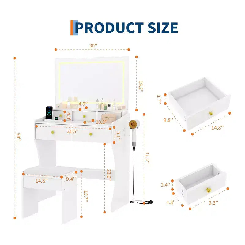 Set da toeletta con specchio illuminato e sgabello – Nero/Bianco, 1 persona
