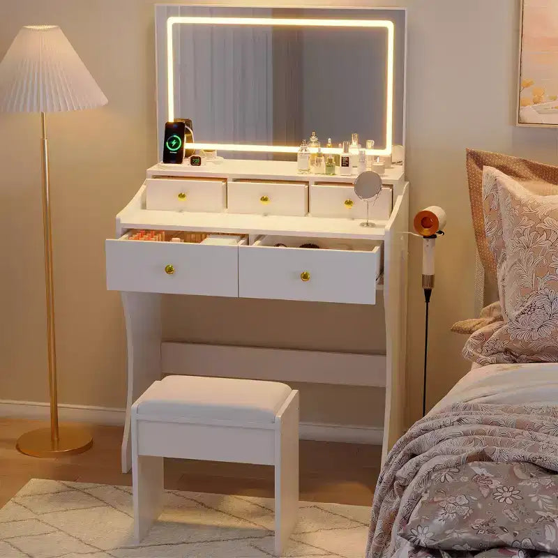 Set da toeletta con specchio illuminato e sgabello – Nero/Bianco, 1 persona