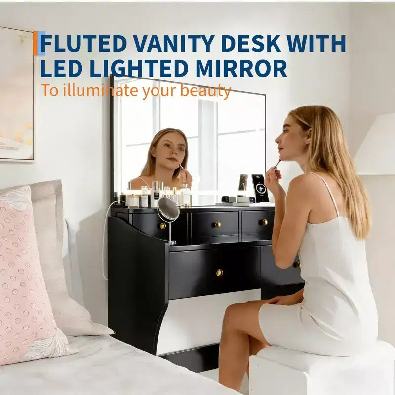 Set da toeletta con specchio illuminato e sgabello – Nero/Bianco, 1 persona