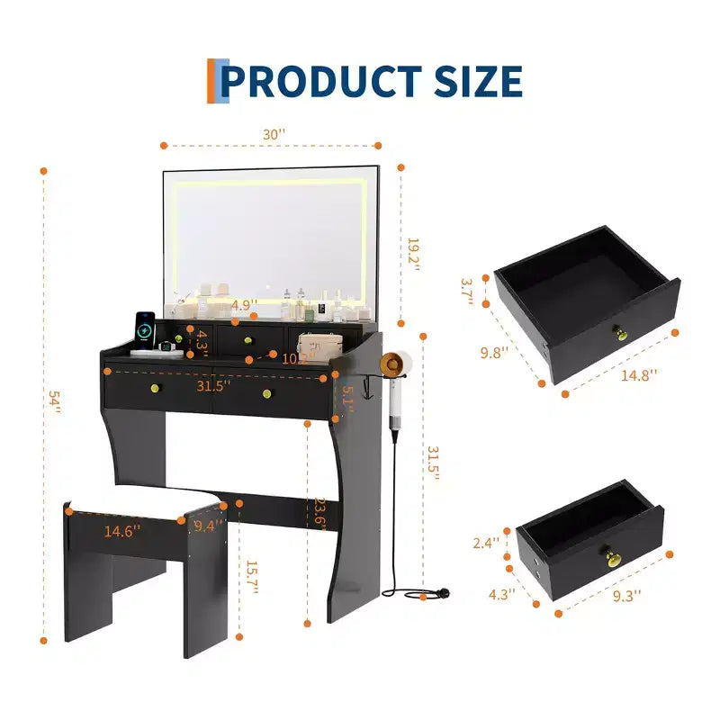 Set da toeletta con specchio illuminato e sgabello – Nero/Bianco, 1 persona