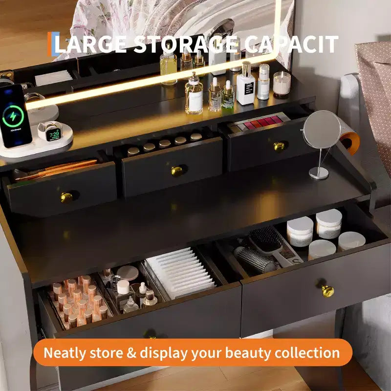 Set da toeletta con specchio illuminato e sgabello – Nero/Bianco, 1 persona