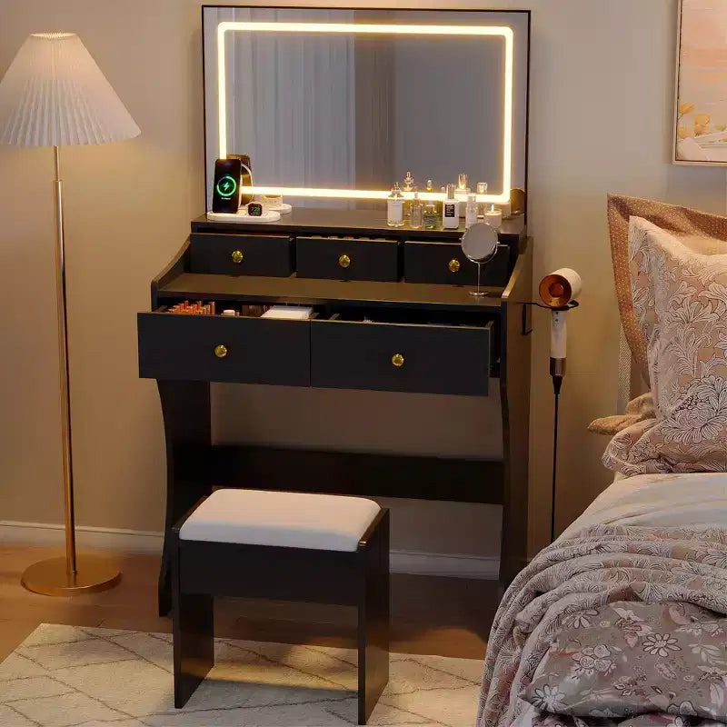 Set da toeletta con specchio illuminato e sgabello – Nero/Bianco, 1 persona
