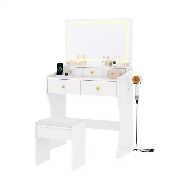 Set da toeletta con specchio illuminato e sgabello – Nero/Bianco, 1 persona